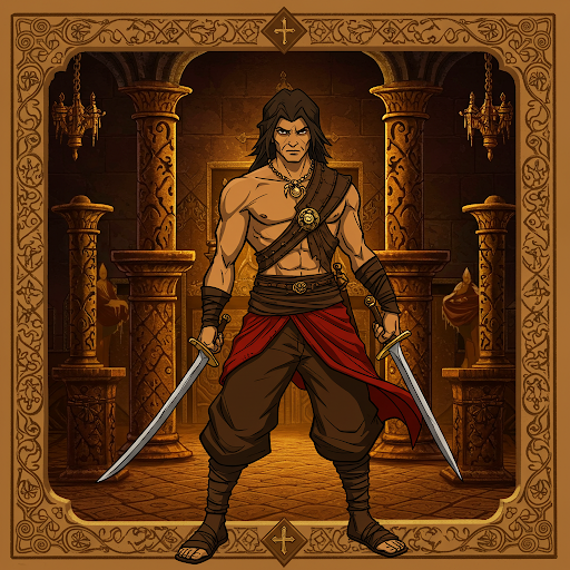 Man with swords in a palace interior, wearing brown pants, red skirt, and sandals; gold accents.