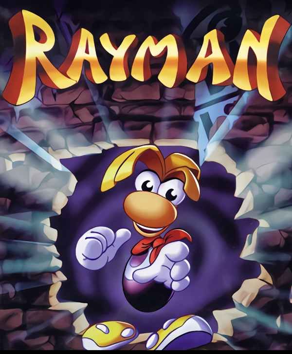 Rayman bursts through a wall, smiling. He has yellow hair, a red scarf, white gloves, and blue sneakers.