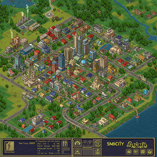Isometric view of a city with buildings, roads, water, and greenery, displayed on a game interface.