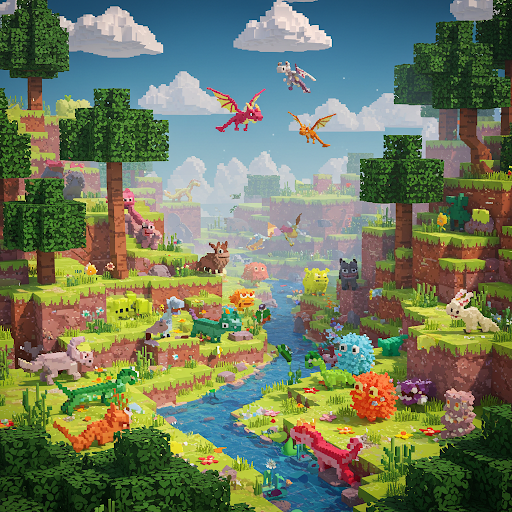 Minecraft-style landscape with blocky terrain, river, trees, and various colorful fantasy creatures.