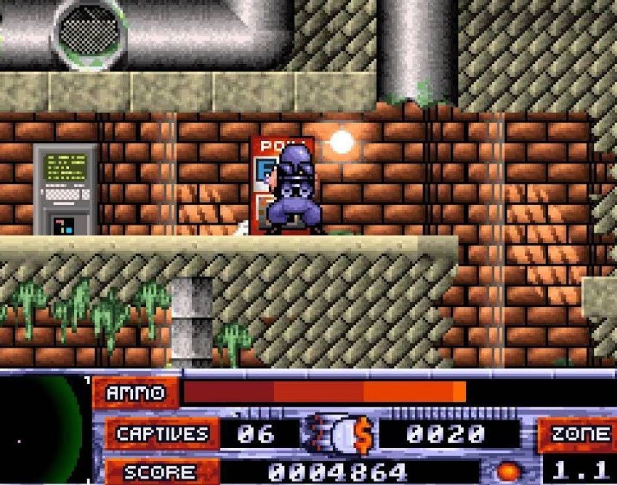 A pixelated character in purple armor stands on a ledge in a brick-walled level, near a vending machine.