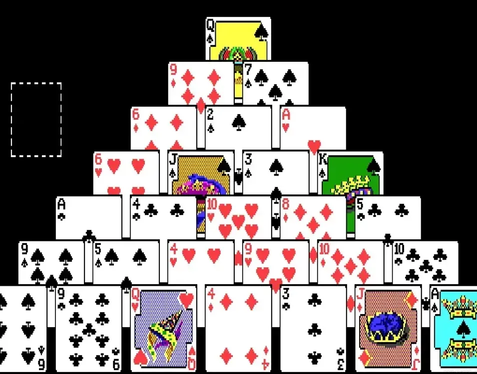 Pyramid Solitaire game setup with cards arranged in a pyramid shape.