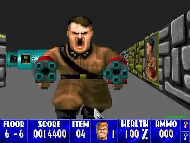 Wolfenstein 3D: Adolf Hitler boss fight, holding multiple-barreled guns. Dark corridor setting.