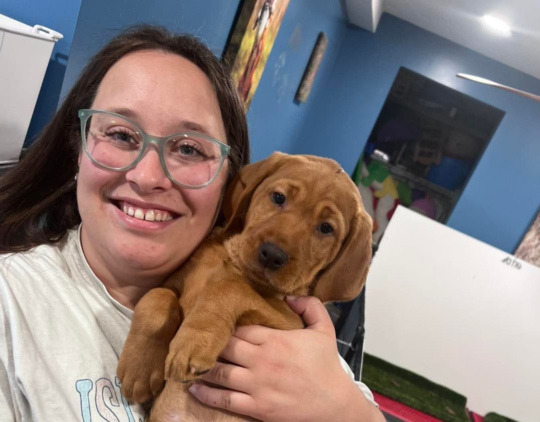 Woman in glasses smiling, holding a light brown puppy indoors with blue wall.