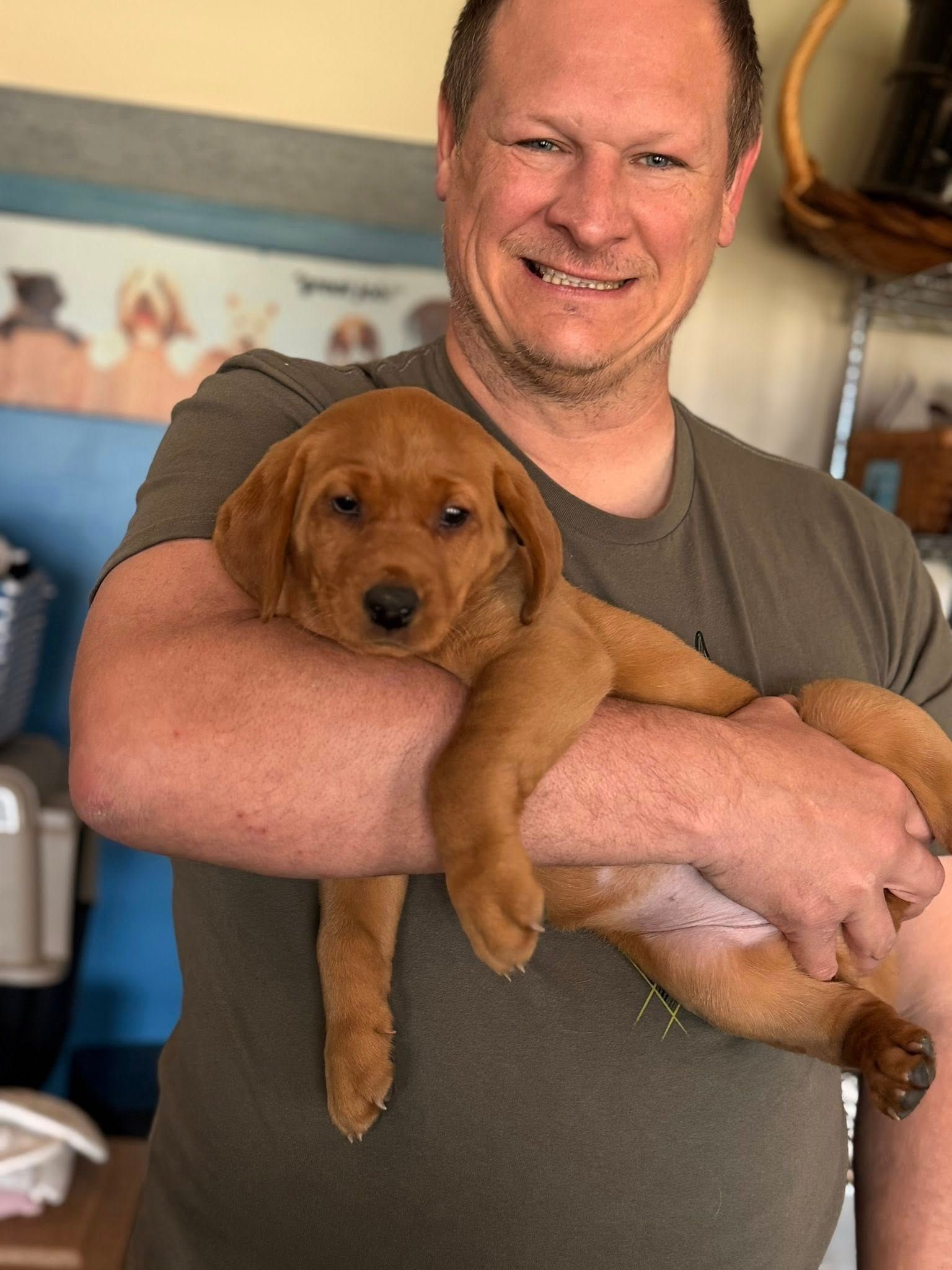 Man holding a reddish-brown puppy; both smiling indoors.