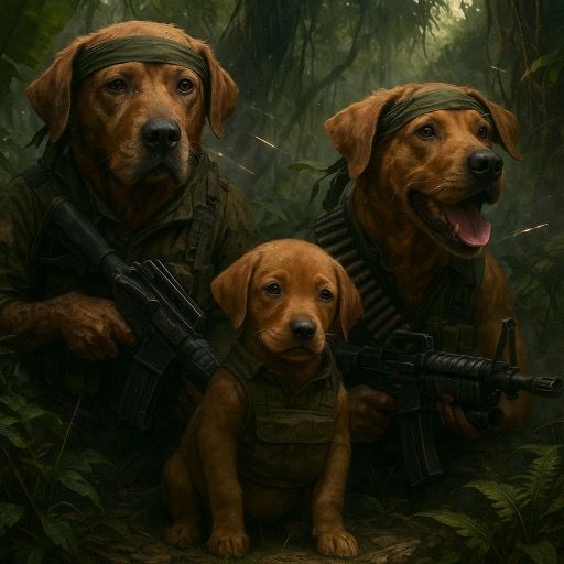 Three dogs in military gear, holding guns in a jungle setting.