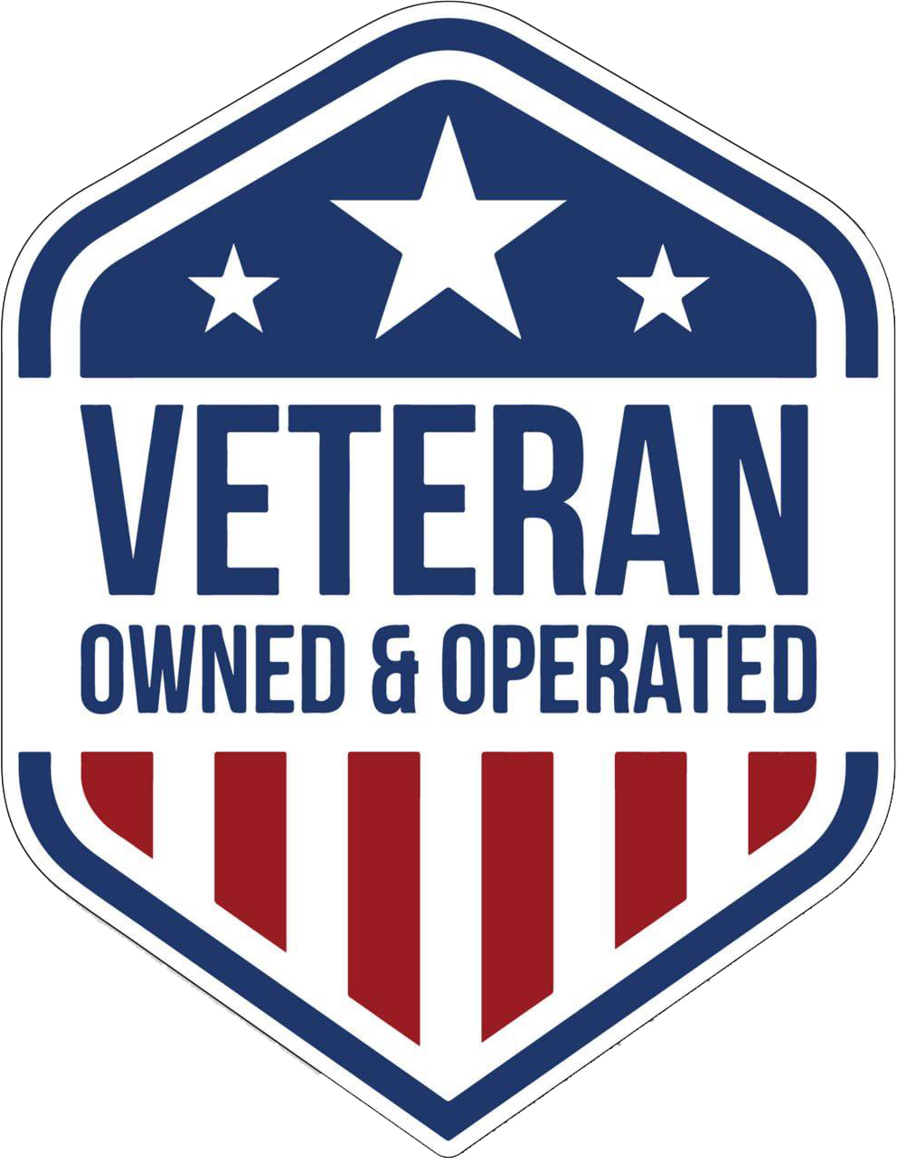 Blue, red, and white Veteran Owned and Operated badge with stars and stripes.