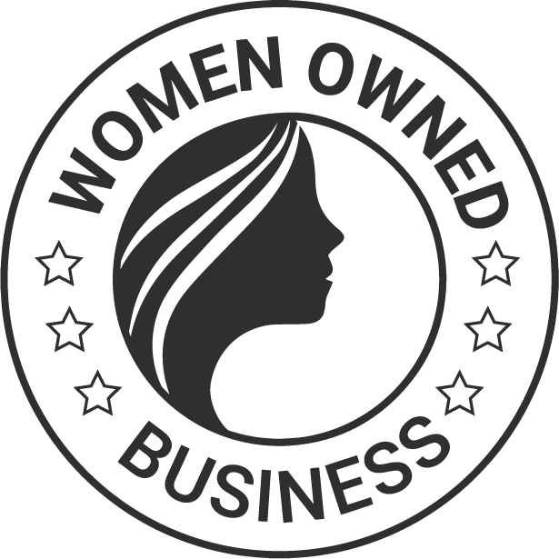 Women Owned Business seal featuring a woman's profile, stars, and text.