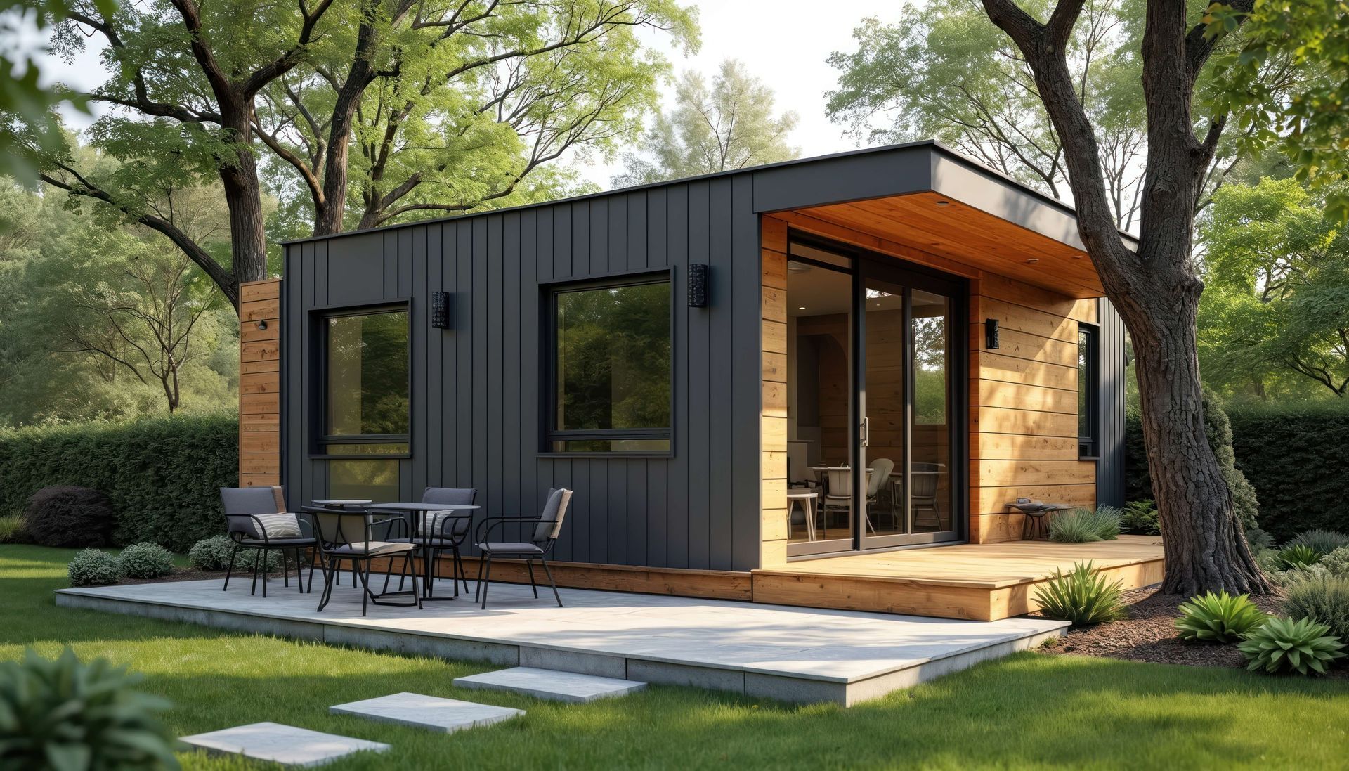 A white house with a black roof and a porch