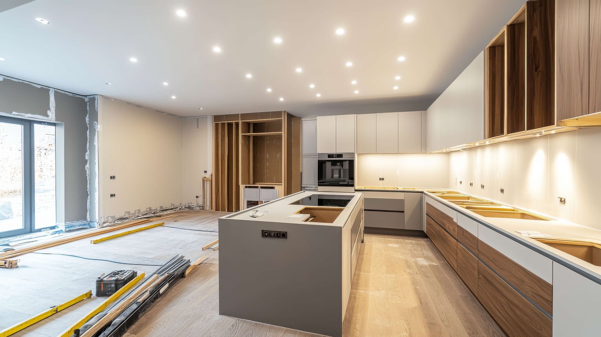 A kitchen under construction with a large island in the middle of the room.