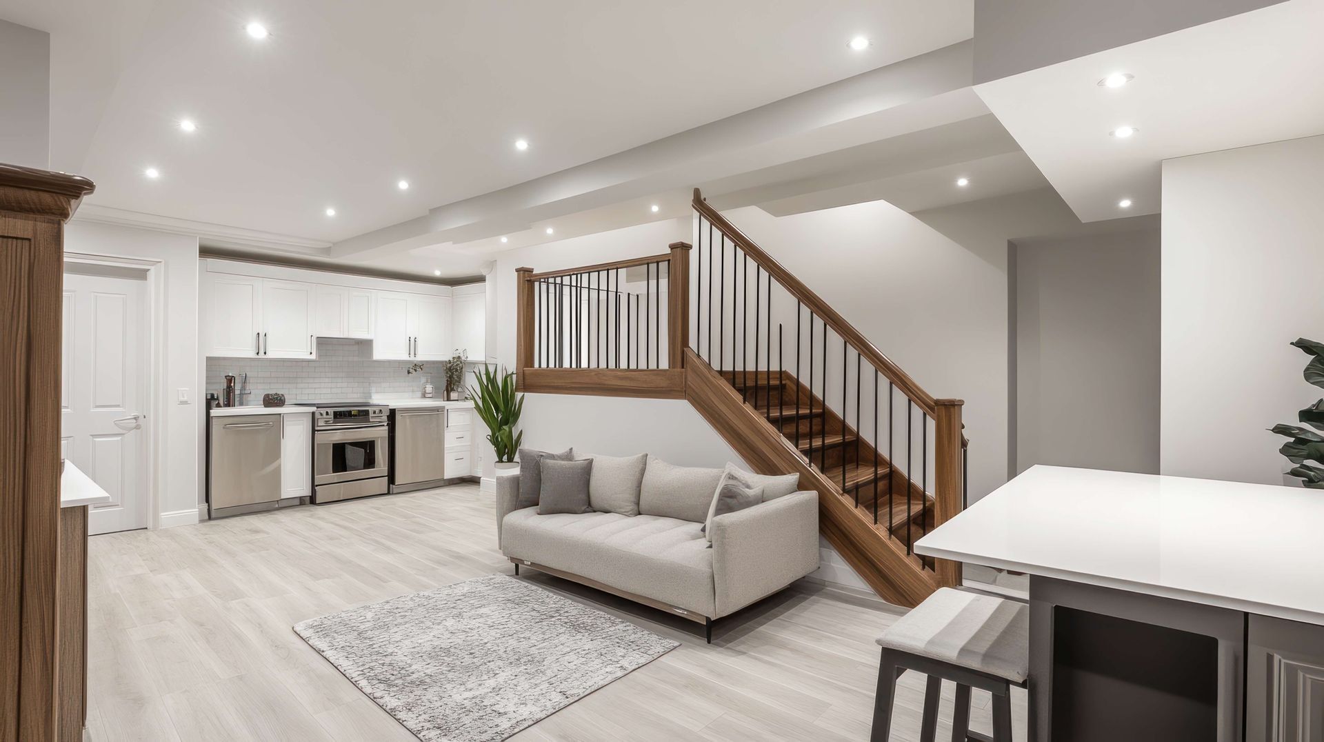 A living room with a couch and stairs leading up to the second floor.