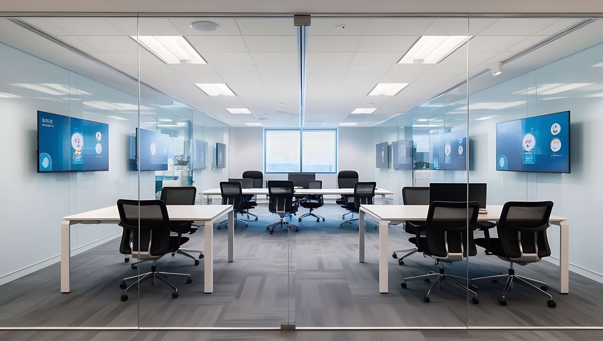 A conference room with tables and chairs and a glass wall.