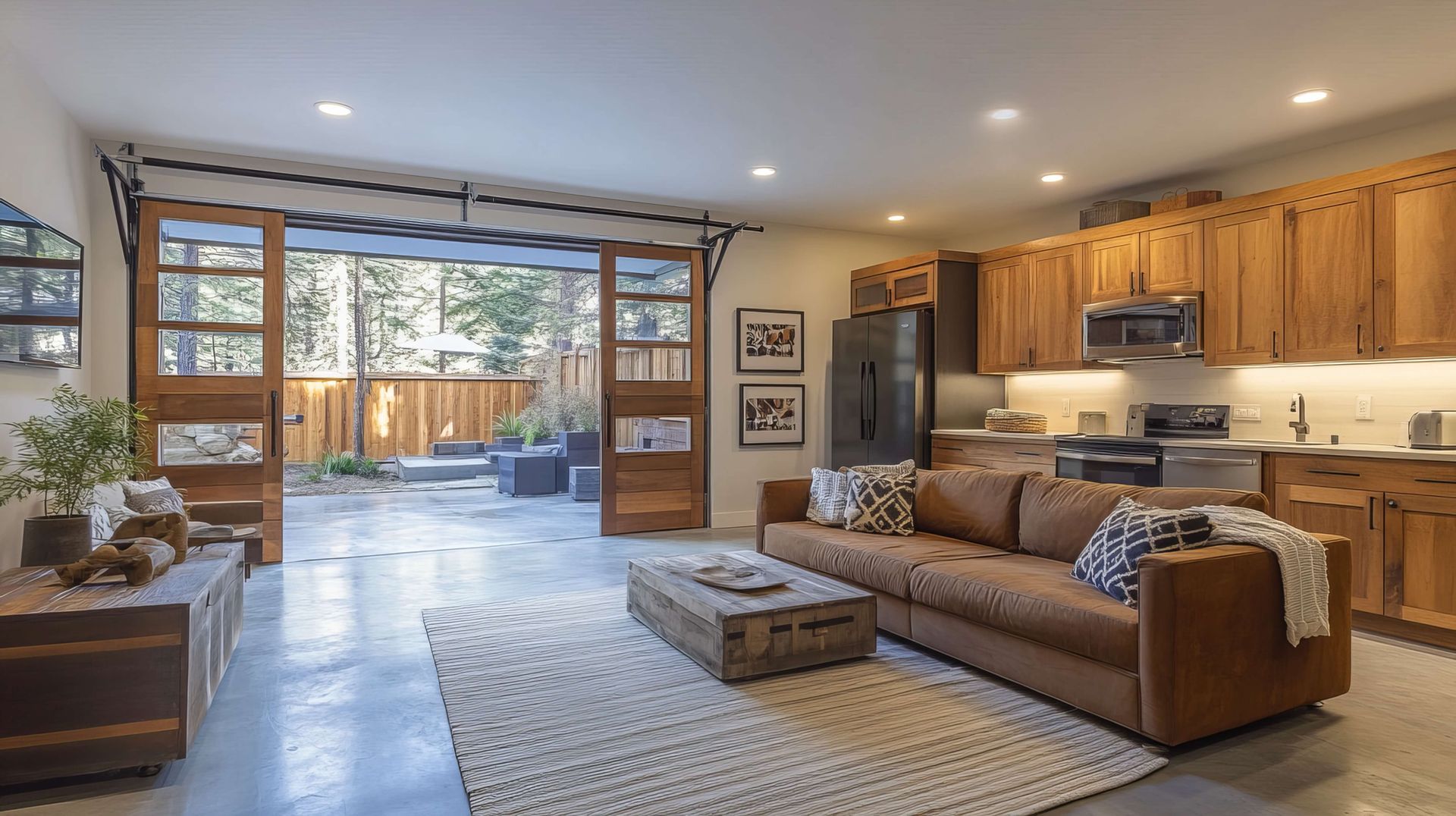 An open-plan living room and kitchen featuring a brown sofa, a wooden coffee table, and large sliding doors to a patio.