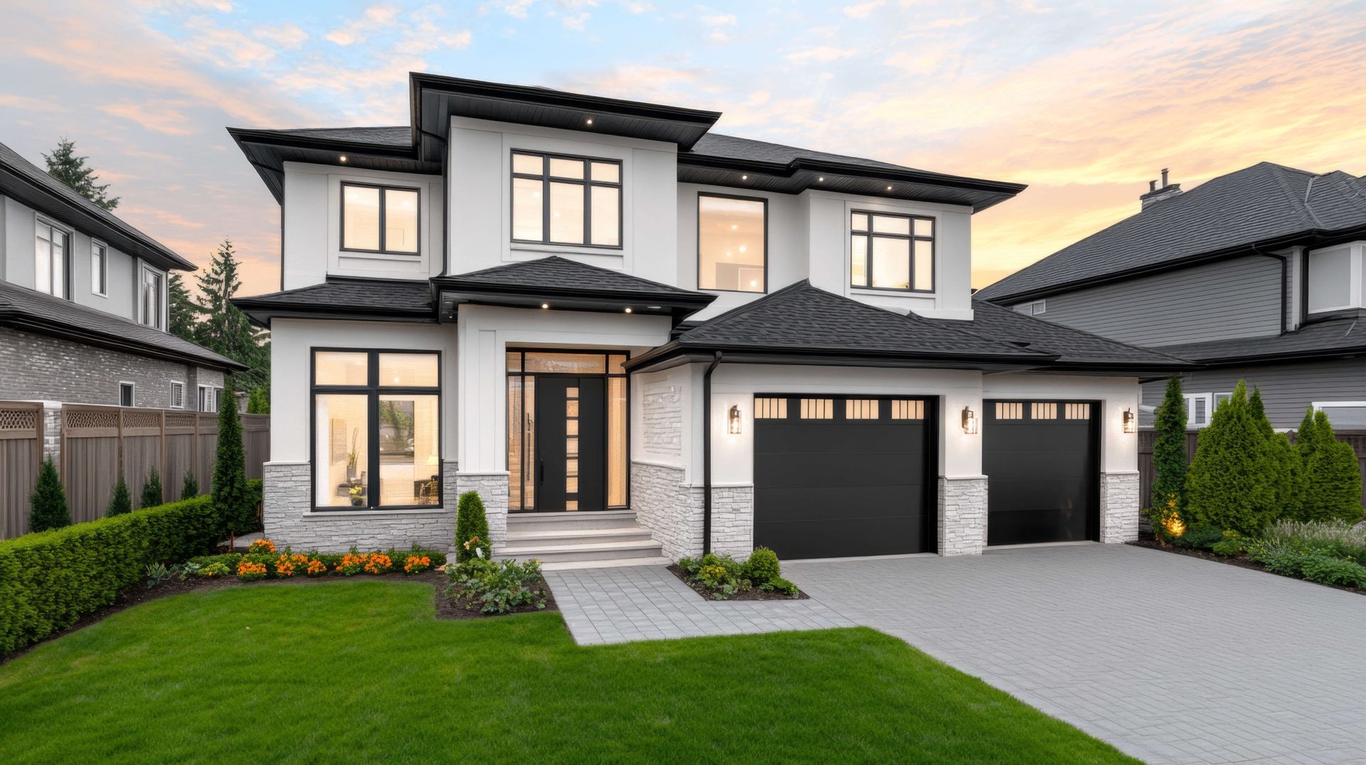 A large white house with a black garage door is sitting on top of a lush green lawn.
