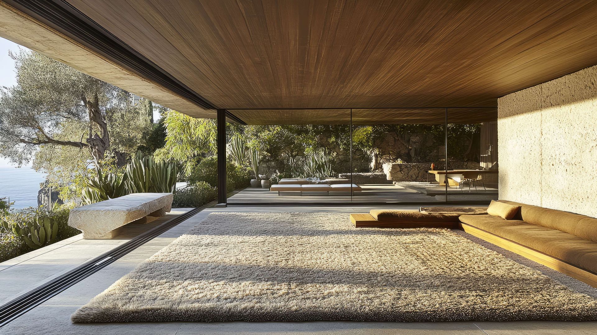 A living room with a couch and a rug and a large window