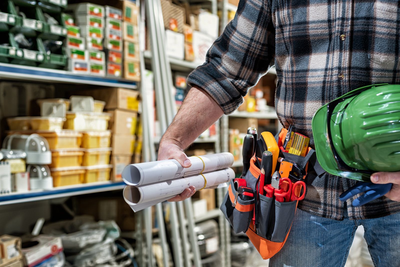 Person in plaid shirt holding blueprints and a hard hat in a hardware store.