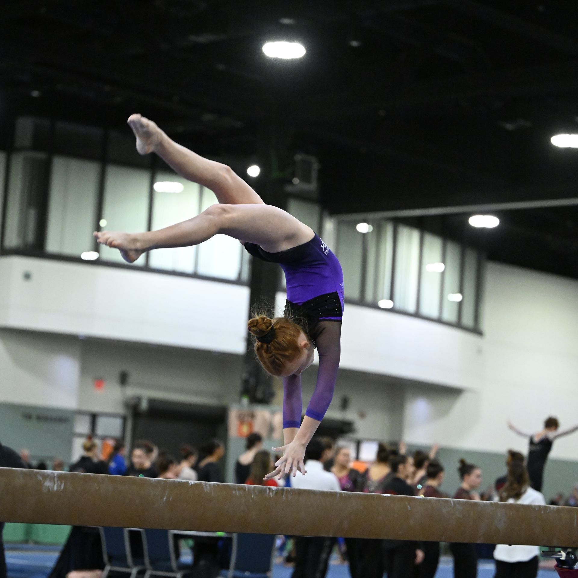 A female gymnast is doing a handstand on a balance beam