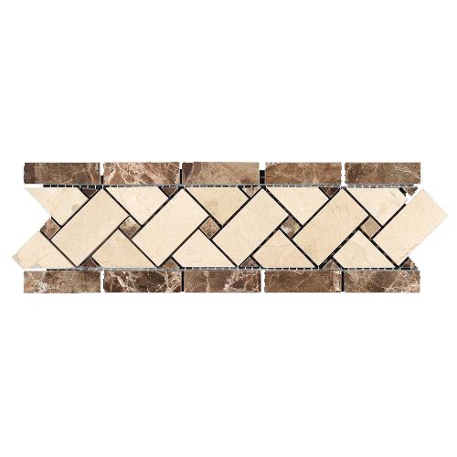 Crema Marfil Basket Weave Border - Dark Emperador - Honed - 4X12