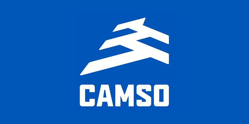 Logo of CAMSO on a blue background; white stylized design above the text
