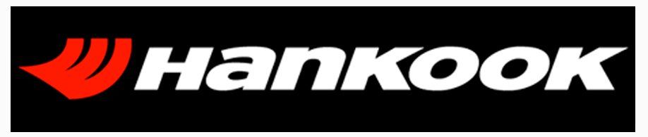 Hankook tire logo on a black background. The logo features red stylized lines and white text.