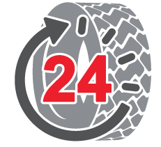 A tire with a 24 inside, surrounded by an arrow, indicating 24-hour tire service.