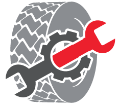 Tire repair logo with a wrench and gear; red and gray on white background.
