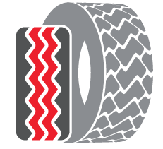Tire graphic, showing cross-section with red inner lining and a tread pattern, likely for automotive services.