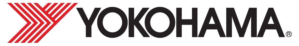 Yokohama tire logo. Red and white angled design to the left of the black word