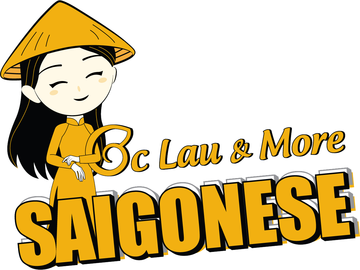 Logo with a smiling person in a conical hat and yellow outfit next to the text "Oc Lau & More SAIGONESE" in yellow font.
