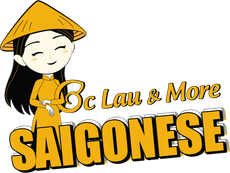 Logo with a smiling person in a conical hat and yellow outfit next to the text "Oc Lau & More SAIGONESE" in yellow font.
