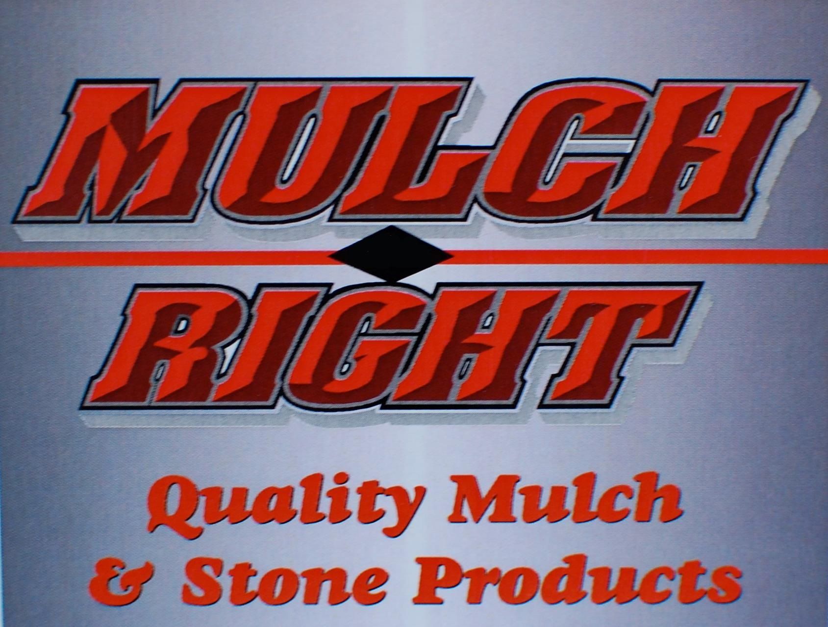 Mulch Right logo with red text and the slogan &ldquo;Quality Mulch & Stone Products&rdquo; on a gray background