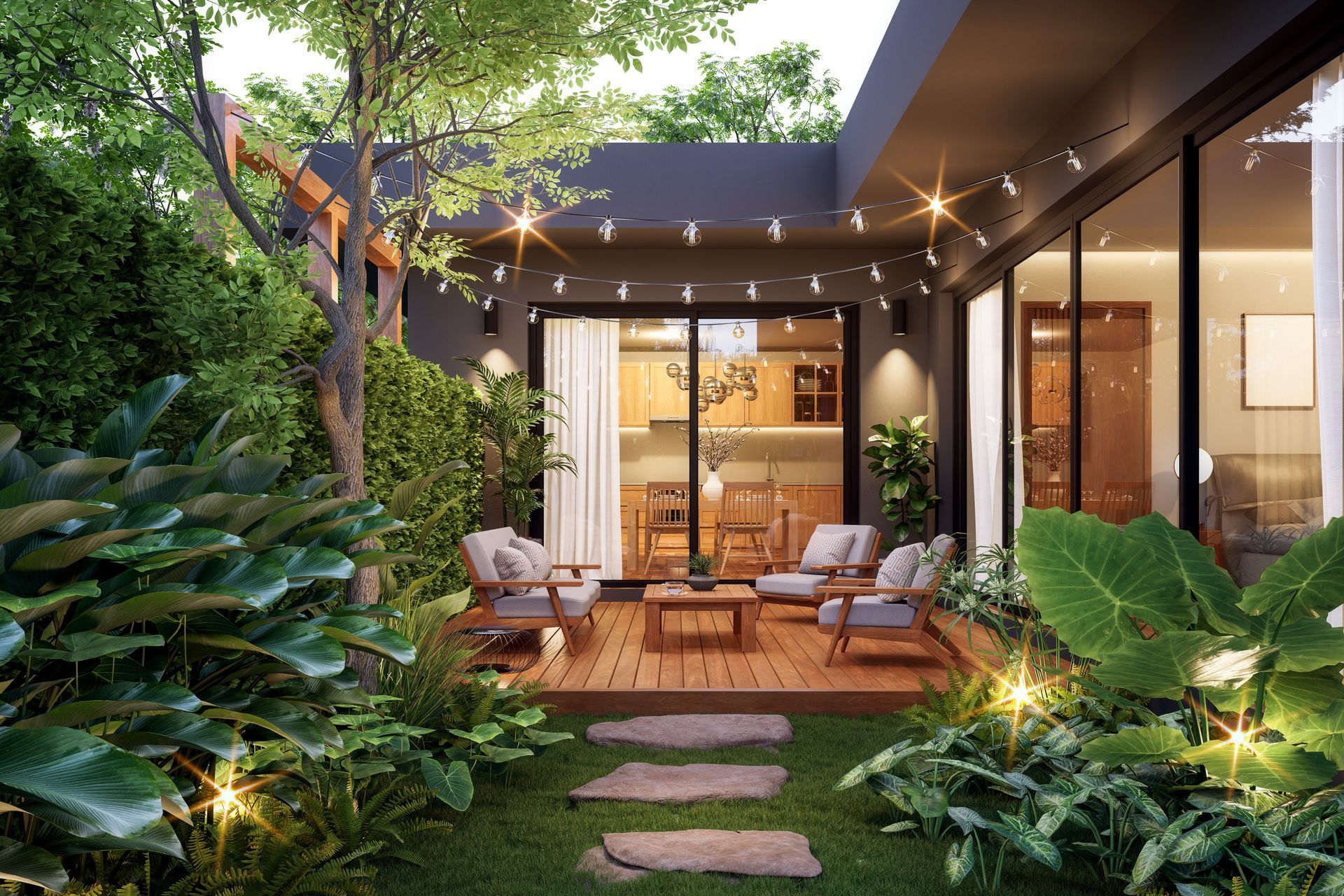 House Backyard With Lightings