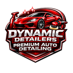 A red sports car sits on a badge logo with the text 