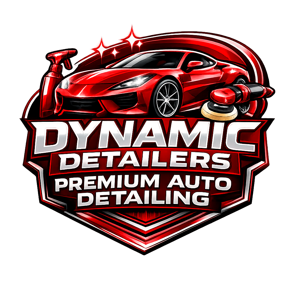 A red sports car sits on a badge logo with the text 