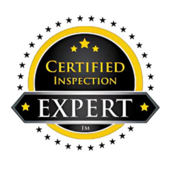 Certified Inspection Expert badge logo in black, gold, and white with stars around the border