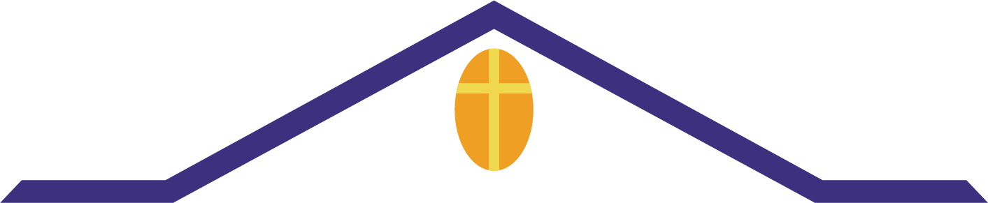 A blue triangular shape with an orange oval in the center that contains a cross.