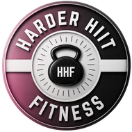 Harder Hitt Fitness logo with black, white, and pink circular kettlebell emblem