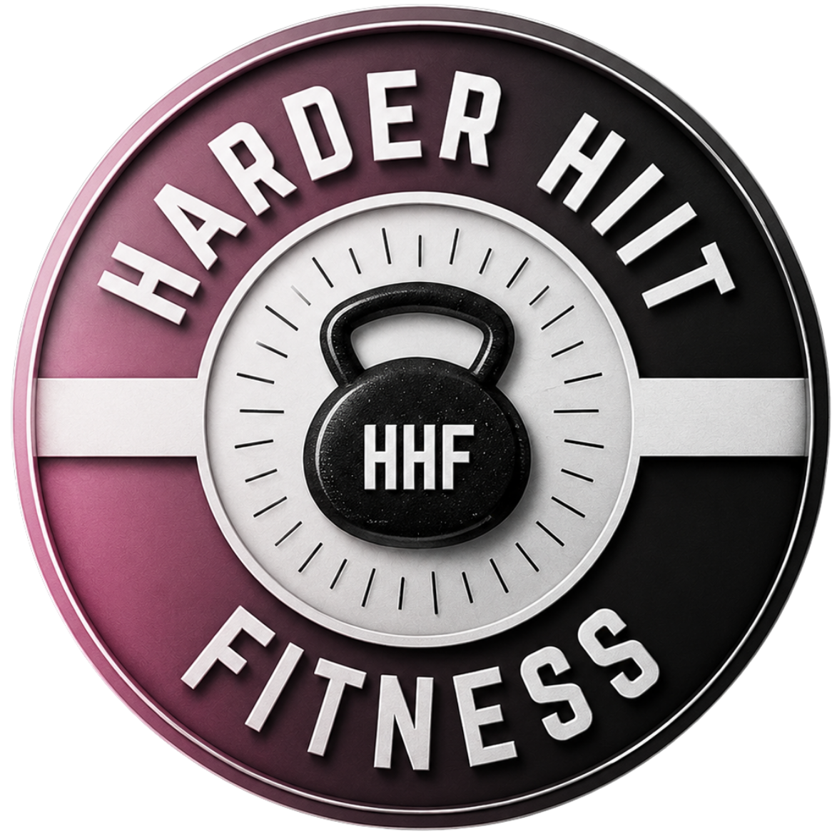 Harder Hitt Fitness logo with black, white, and pink circular kettlebell emblem
