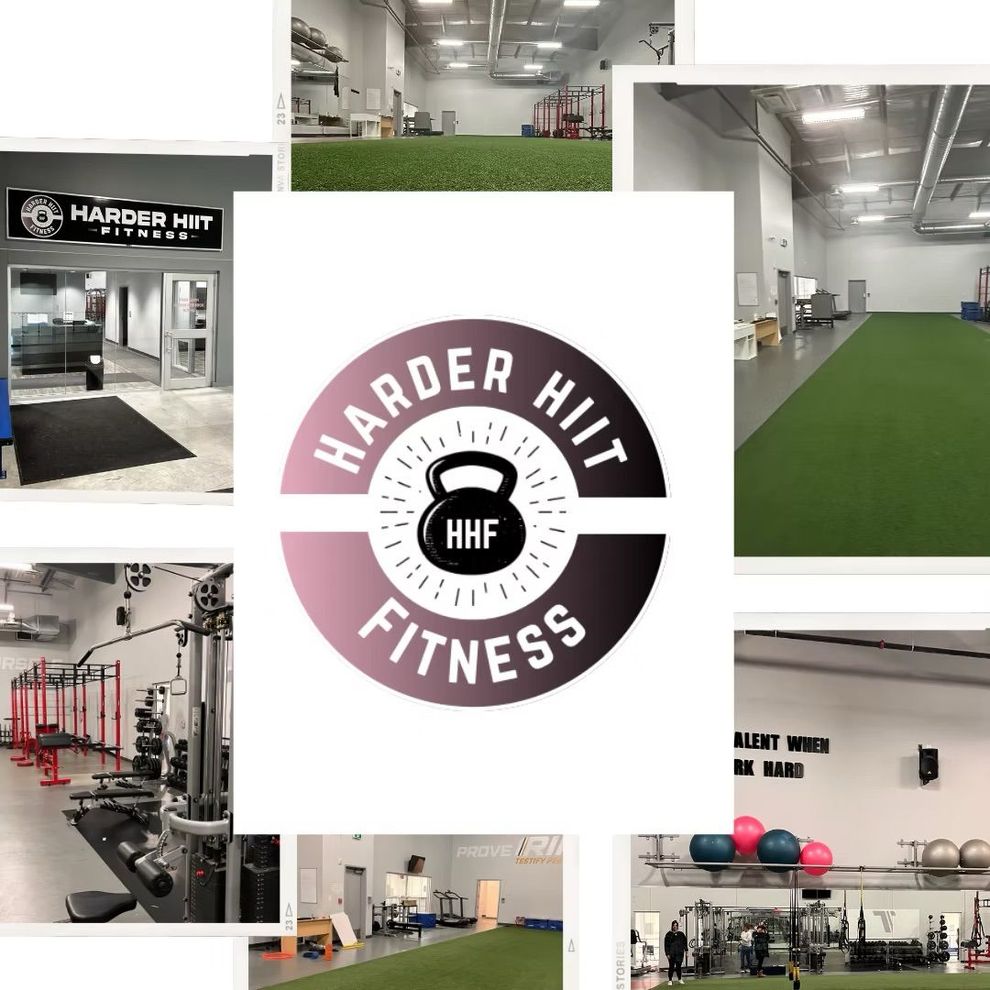 Harder Hill Fitness collage showing gym interior, equipment, turf, and logo