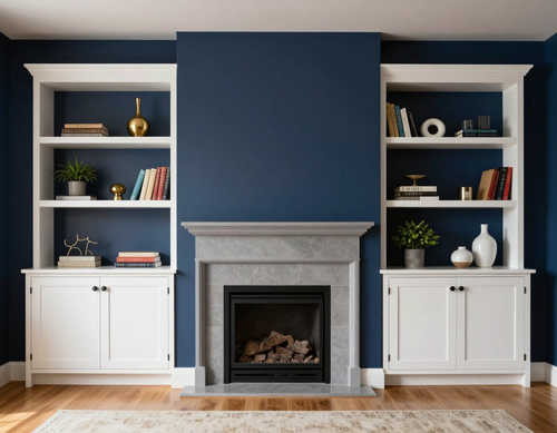 Custom built-in shelving and cabinetry flanking a fireplace
