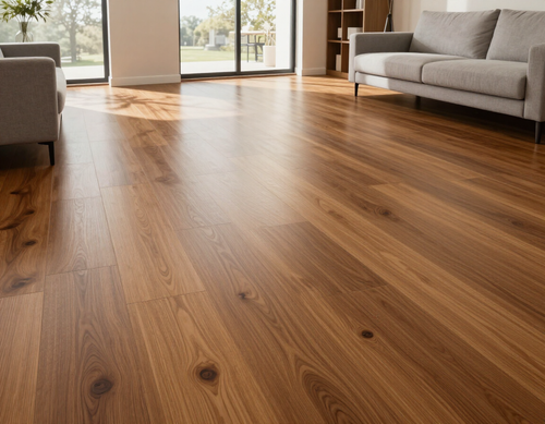 Wide-plank luxury vinyl flooring in a sunlit open-concept living room