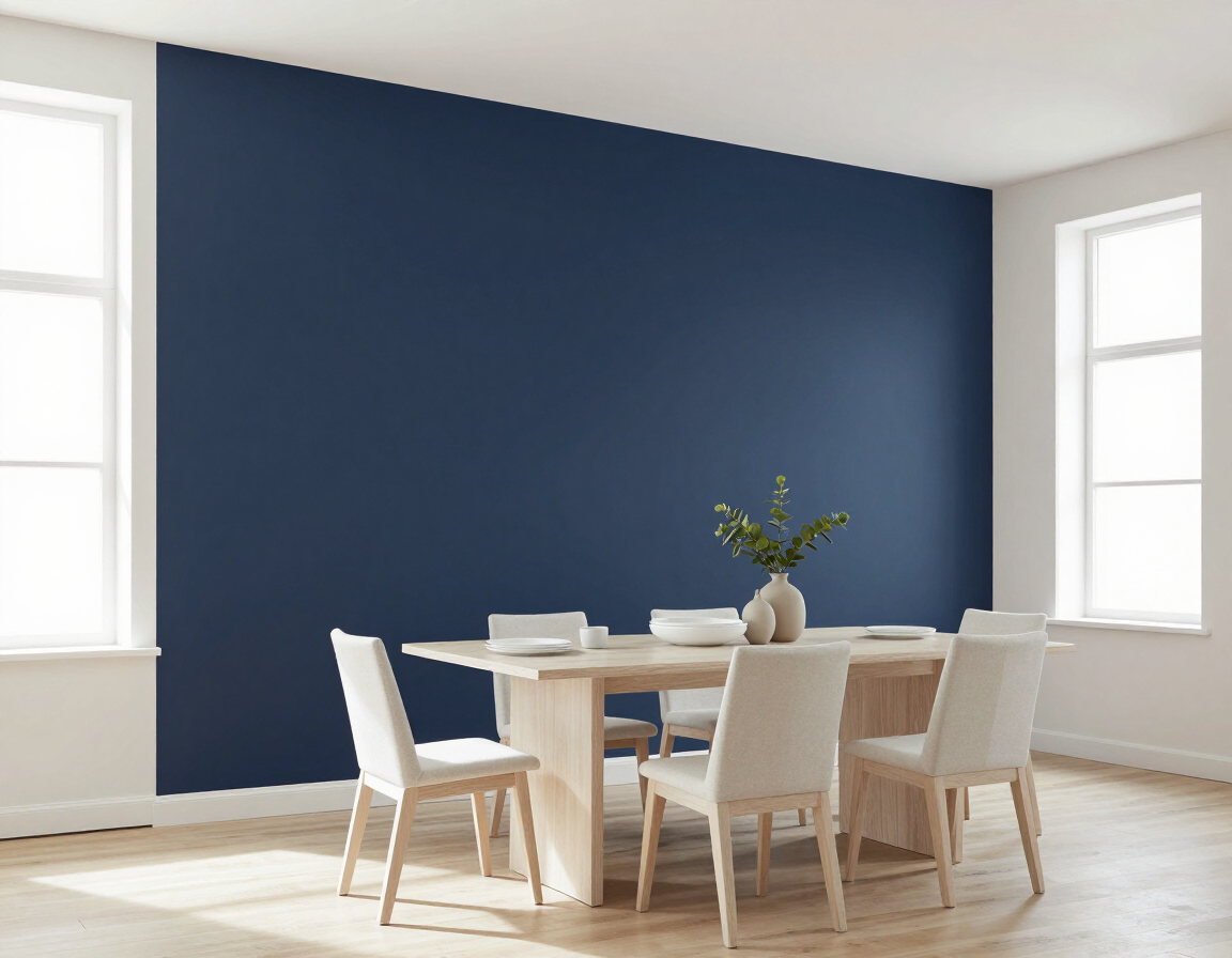 Freshly painted matte navy accent wall in a bright, minimalist dining room
