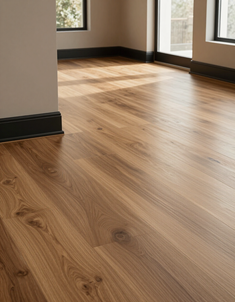 Wide-plank luxury vinyl plank flooring in a sunlit modern living room