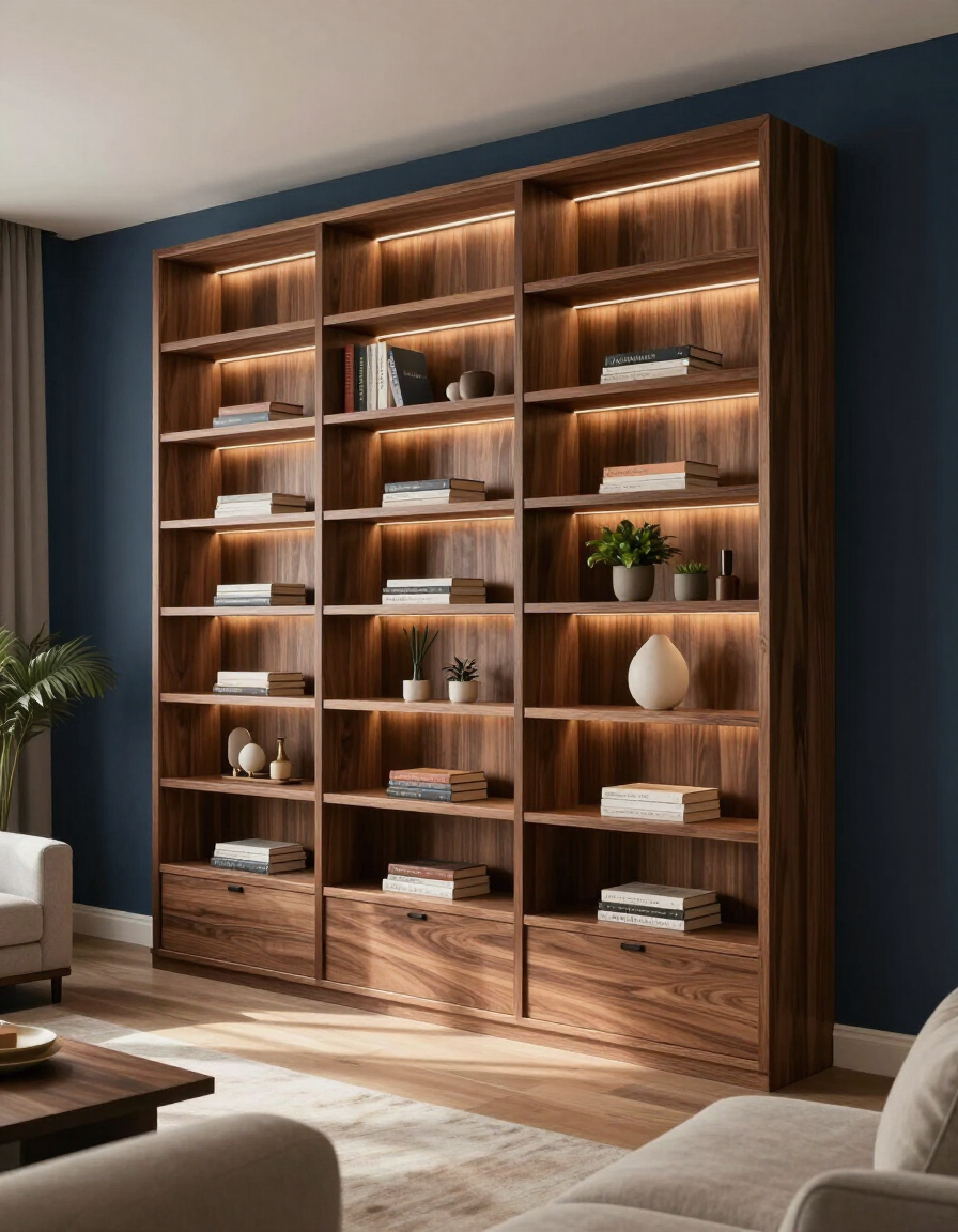 Custom walnut bookshelf wall with integrated lighting