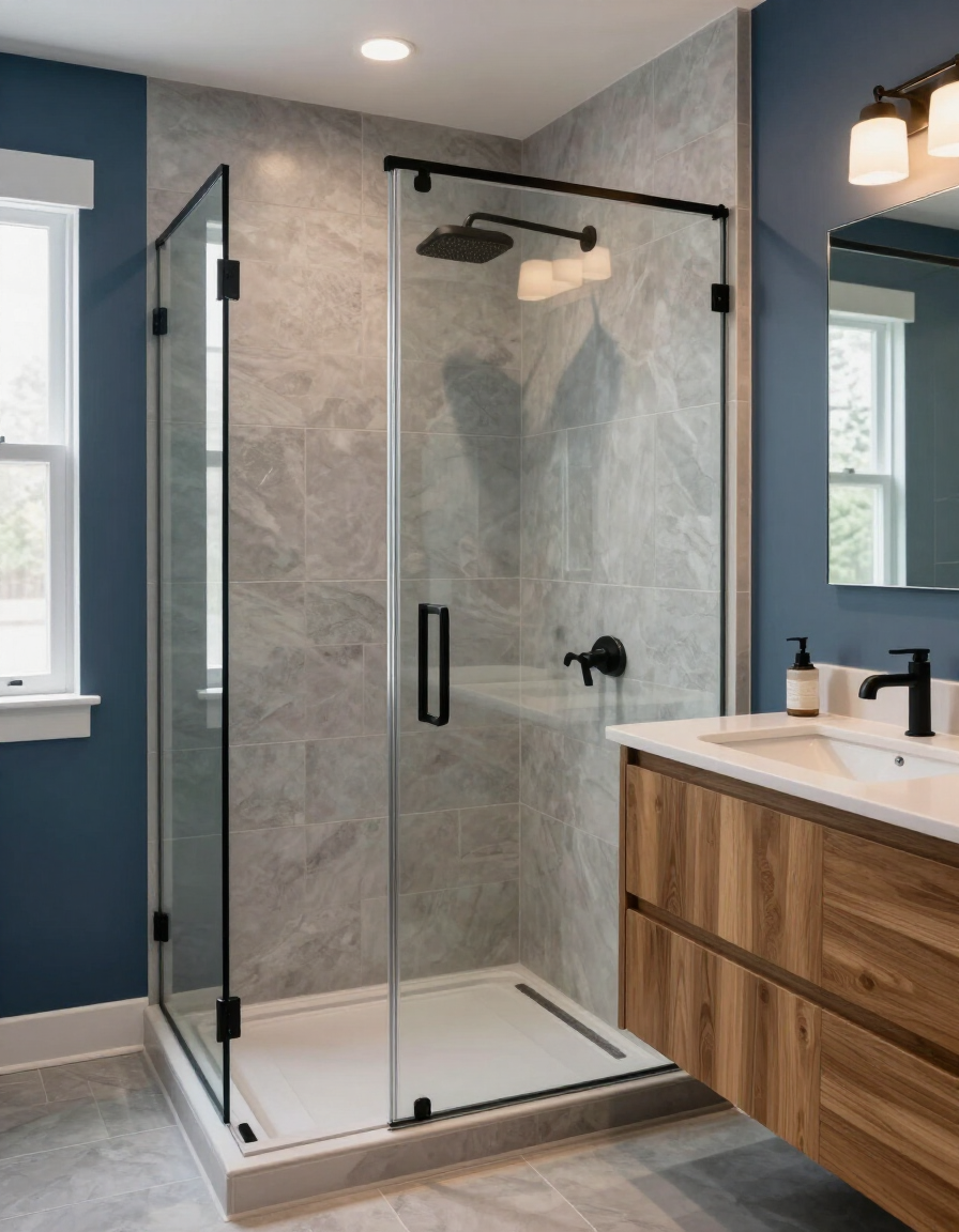 Finished luxury bathroom renovation with tile shower and matte black fixtures