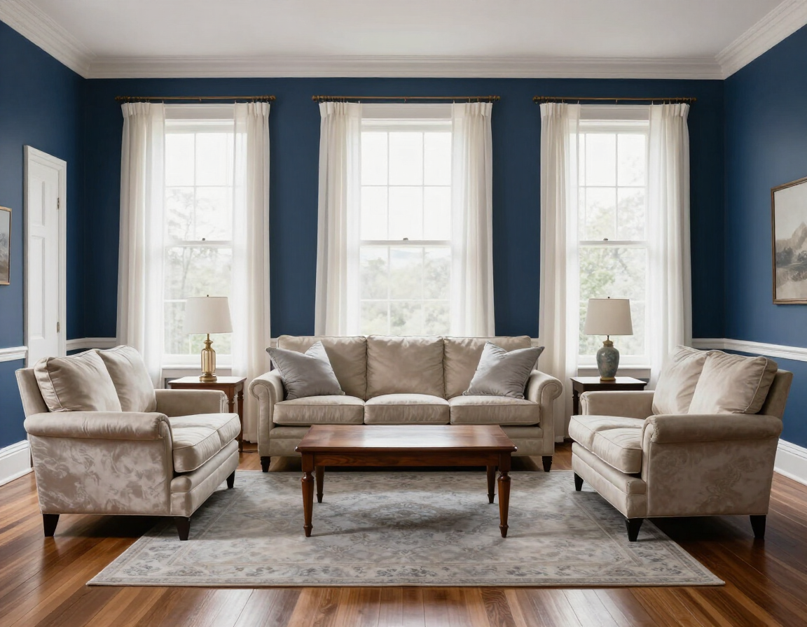 Freshly painted formal living room with navy-toned walls and white trim