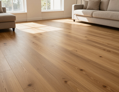 Wide-plank LVP flooring in a sunlit living room
