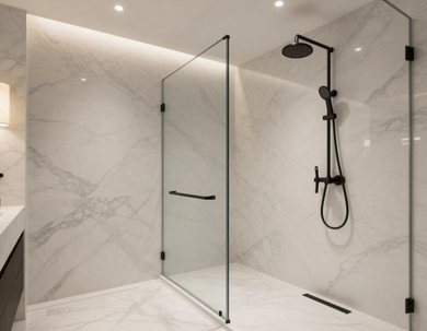 Marble-tiled walk-in shower with matte black fixtures