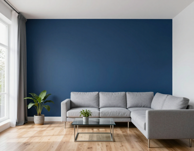 Freshly painted navy accent wall in a modern living room