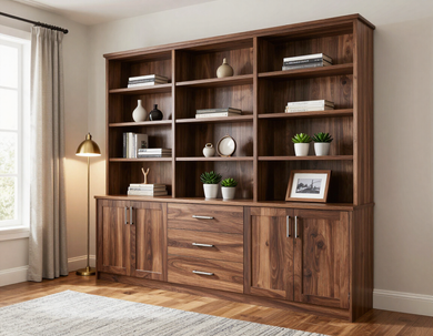 Custom built-in shelving and cabinetry in a study